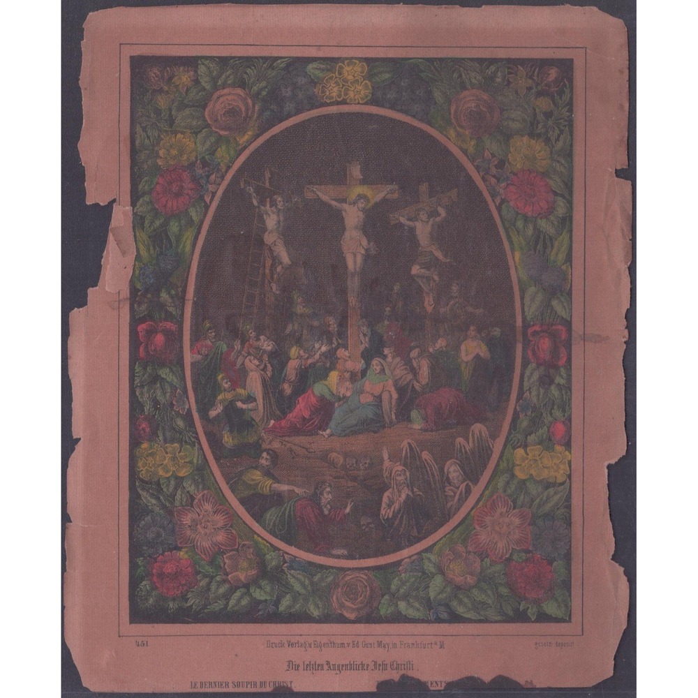 Antique 1870s Chromolithograph Crucifixion Print Ed Gust May Frankfurt
